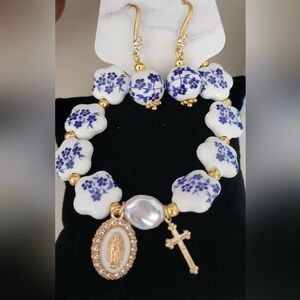 Gold-Tone White & Blue Floral Bead Bracelet with Religious Charms